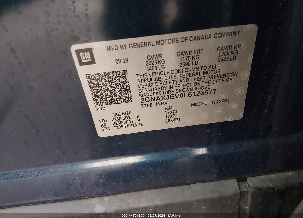 2020 CHEVROLET EQUINOX FWD 2FL VIN: 2GNAXJEV0L6126677