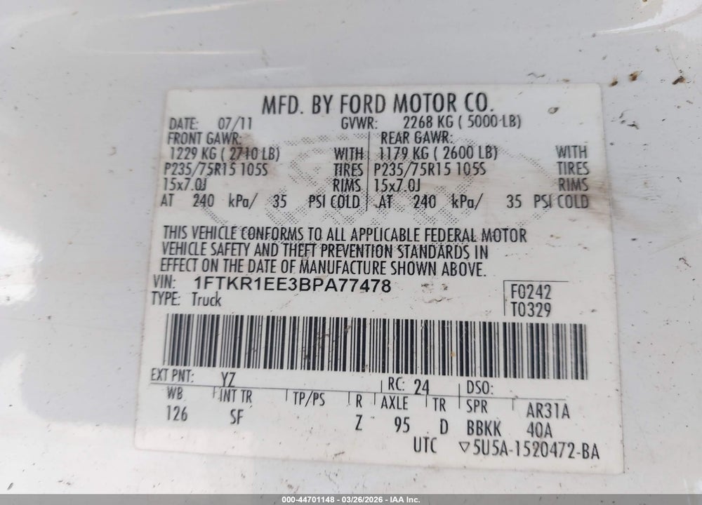 2011 FORD RANGER SPORT VIN: 1FTKR1EE3BPA77478