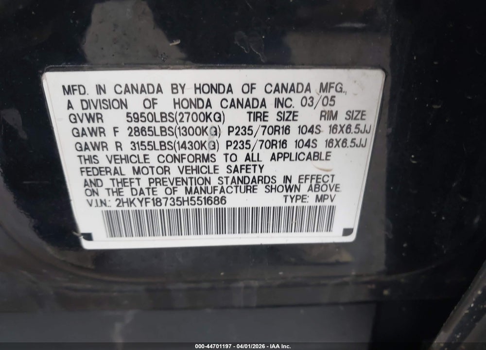 2005 HONDA PILOT EX-L VIN: 2HKYF18735H551686