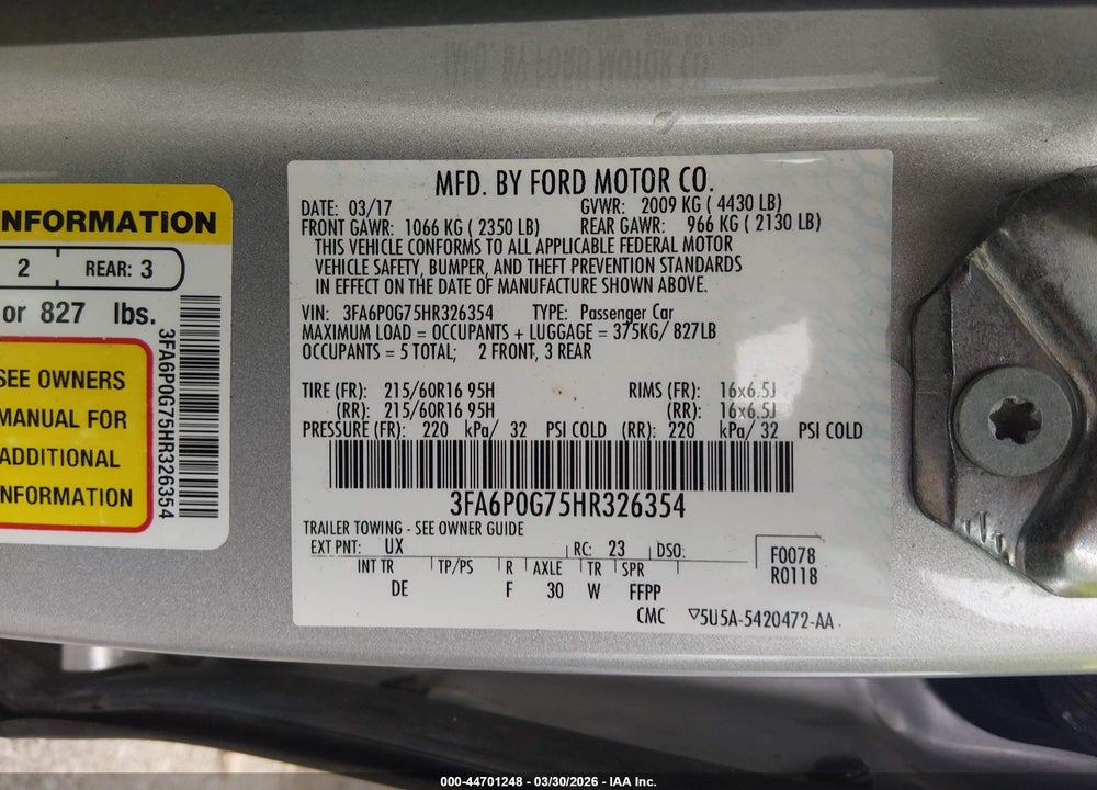2017 FORD FUSION S VIN: 3FA6P0G75HR326354