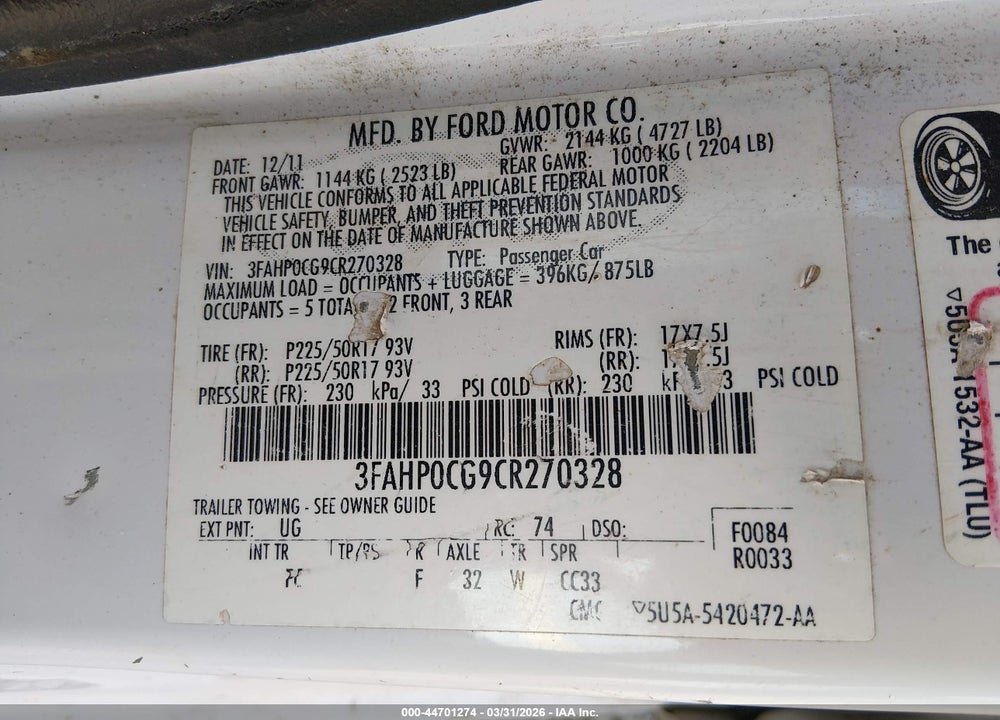 2012 FORD FUSION SEL VIN: 3FAHP0CG9CR270328