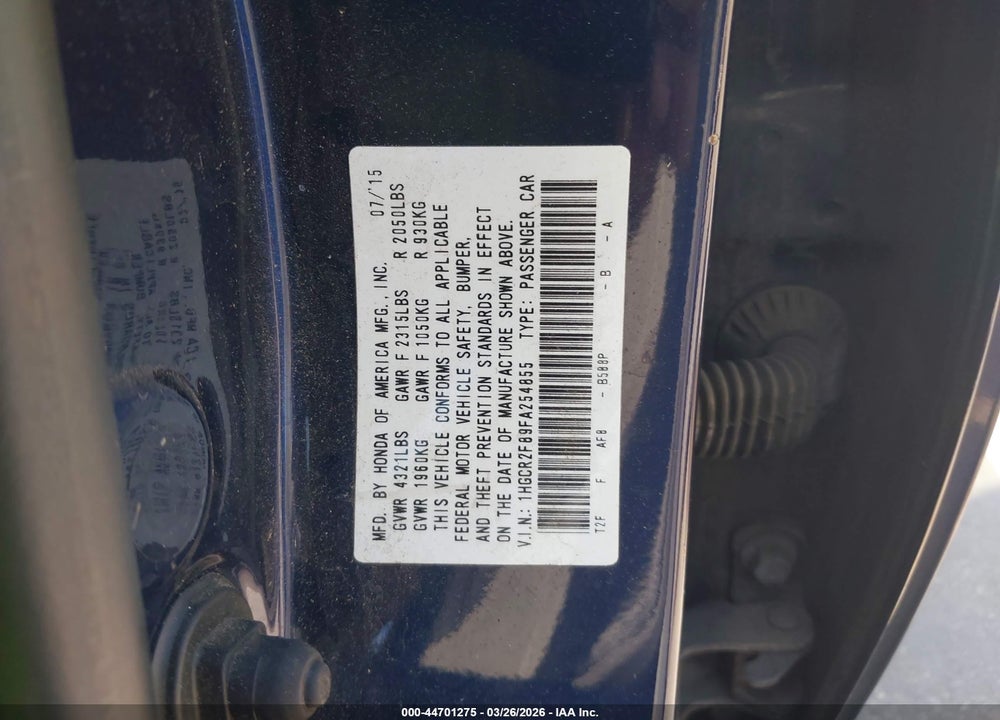2015 HONDA ACCORD EX-L VIN: 1HGCR2F89FA254855