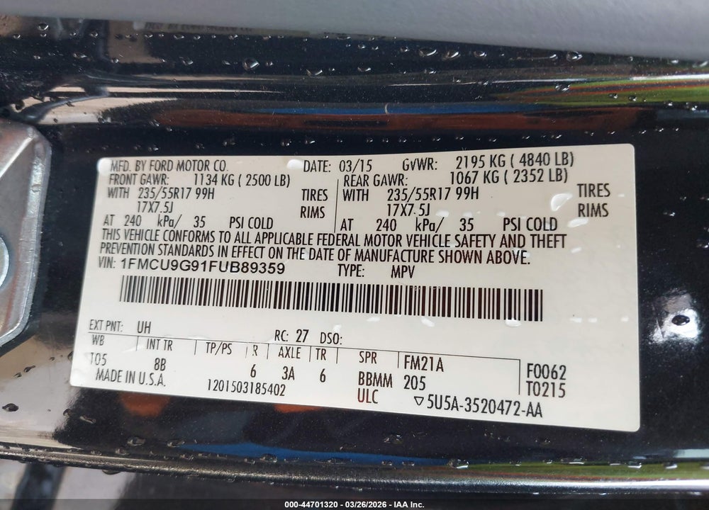 2015 FORD ESCAPE SE VIN: 1FMCU9G91FUB89359