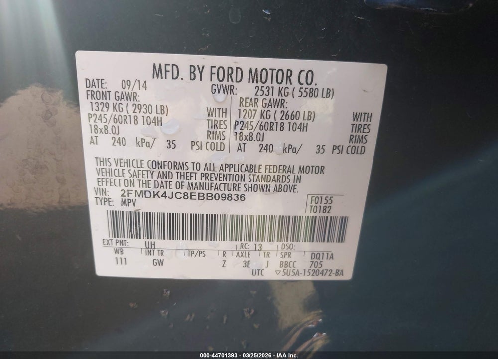2014 FORD EDGE SEL VIN: 2FMDK4JC8EBB09836