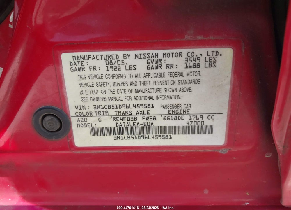2006 NISSAN SENTRA 1.8S VIN: 3N1CB51D96L459581
