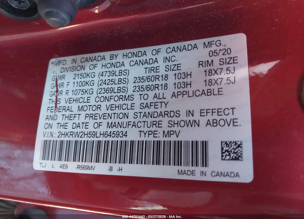 2020 HONDA CR-V AWD EX VIN: 2HKRW2H59LH645934