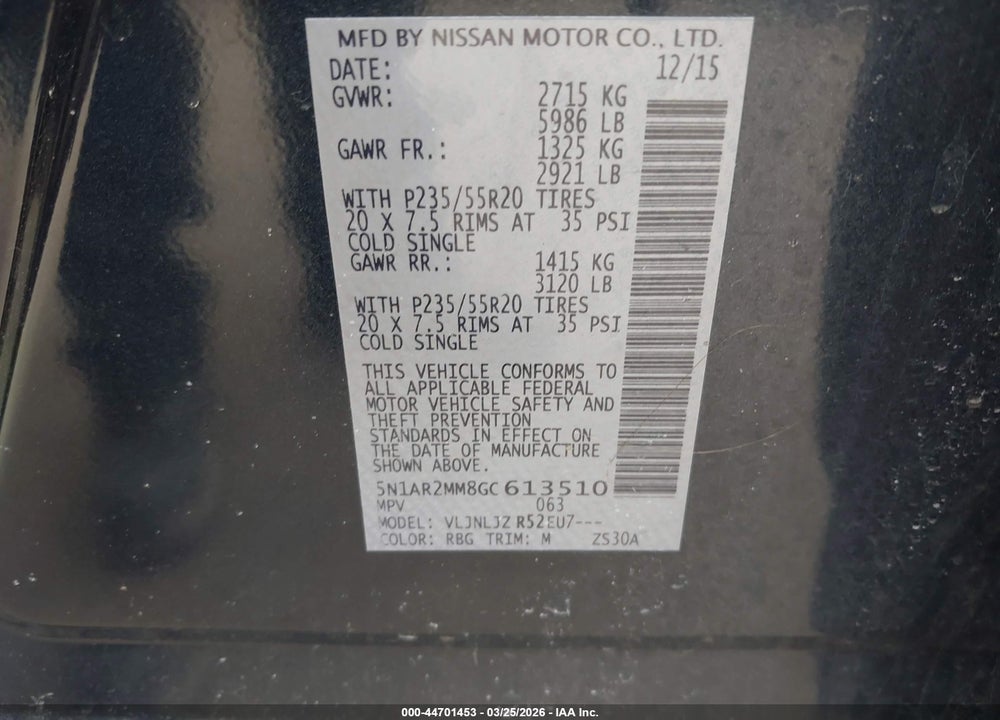2016 NISSAN PATHFINDER PLATINUM VIN: 5N1AR2MM8GC613510