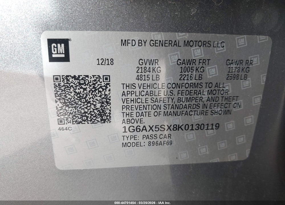 2019 CADILLAC CTS LUXURY VIN: 1G6AX5SX8K0130119