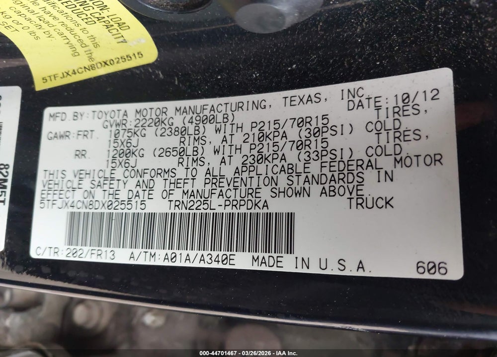 2013 TOYOTA TACOMA VIN: 5TFJX4CN8DX025515