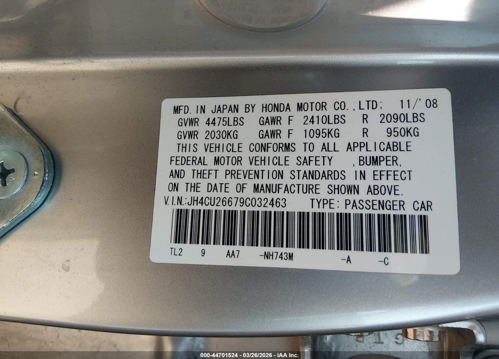 2009 ACURA TSX VIN: JH4CU26679C032463