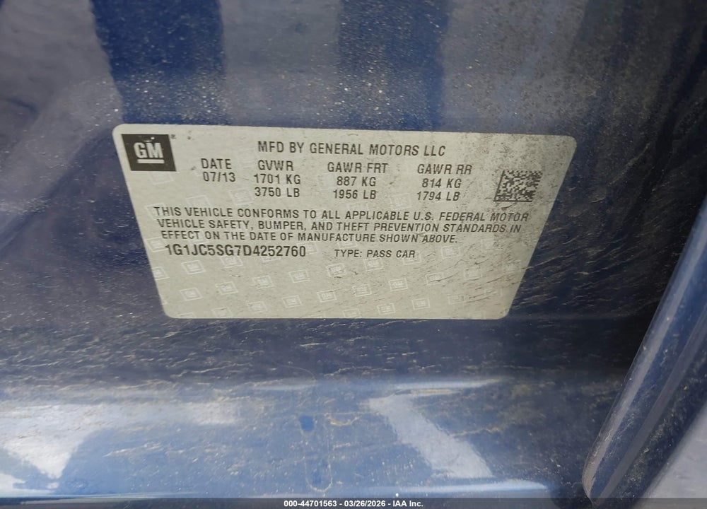 2013 CHEVROLET SONIC LT AUTO VIN: 1G1JC5SG7D4252760