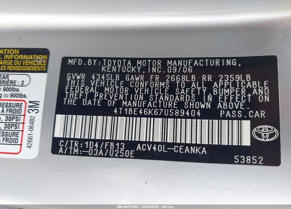 2007 TOYOTA CAMRY LE VIN: 4T1BE46K67U589404