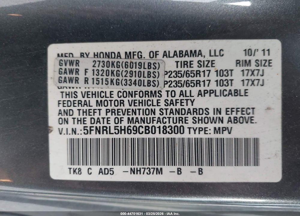 2012 HONDA ODYSSEY EX-L VIN: 5FNRL5H69CB018300