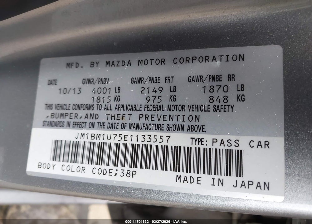 2014 MAZDA 3 I SPORT VIN: JM1BM1U75E1133557