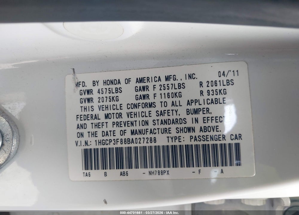 2011 HONDA ACCORD 3.5 EX-L VIN: 1HGCP3F88BA027288