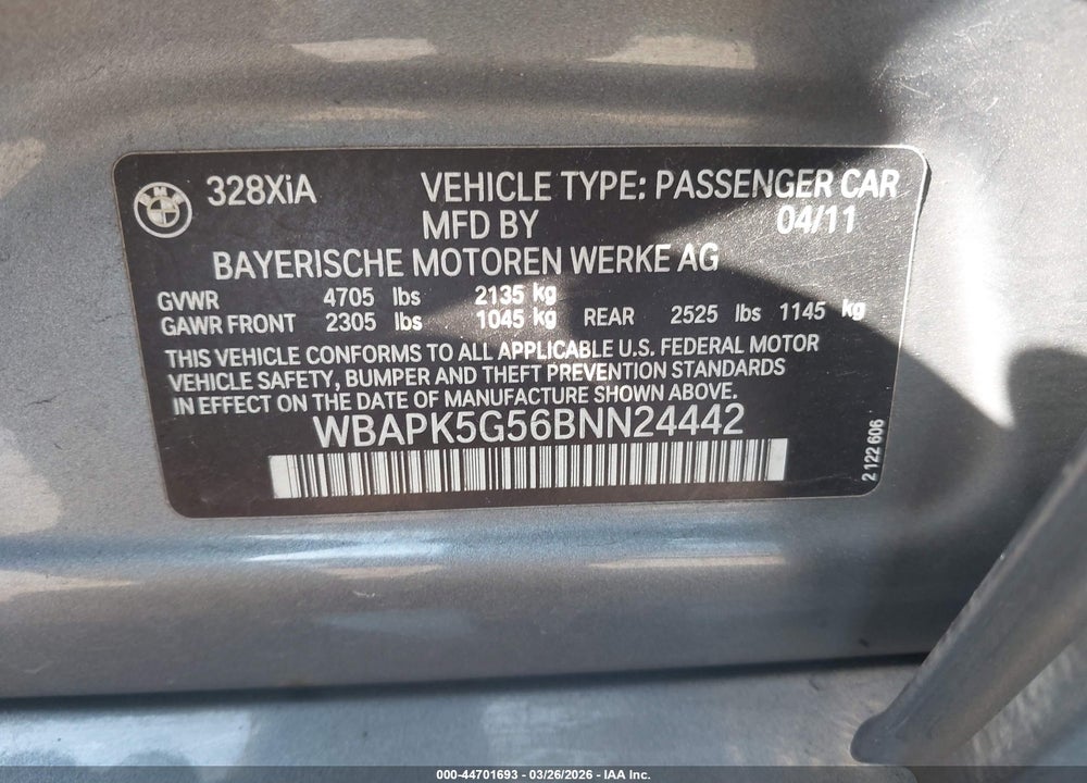 2011 BMW 328I XDRIVE VIN: WBAPK5G56BNN24442