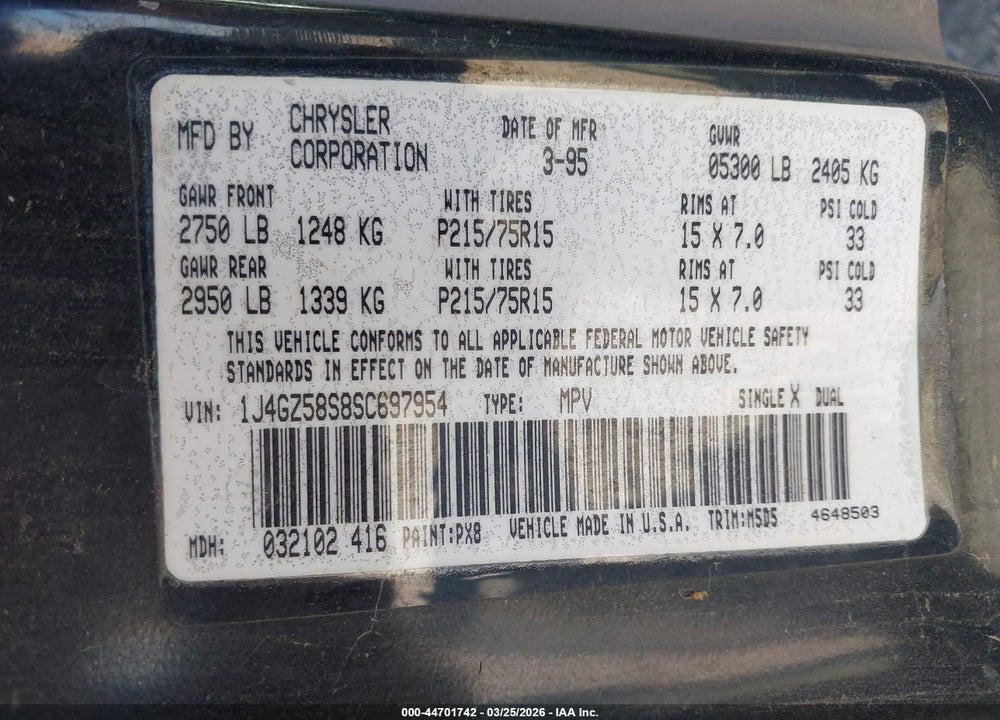 1995 JEEP GRAND CHEROKEE LAREDO VIN: 1J4GZ58S8SC697954