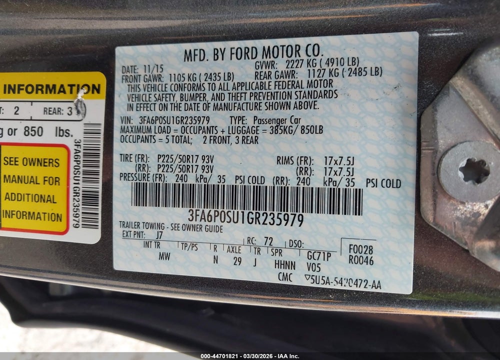 2016 FORD FUSION ENERGI TITANIUM VIN: 3FA6P0SU1GR235979