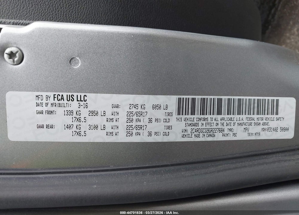 2016 DODGE GRAND CARAVAN SXT VIN: 2C4RDGCG9GR227684