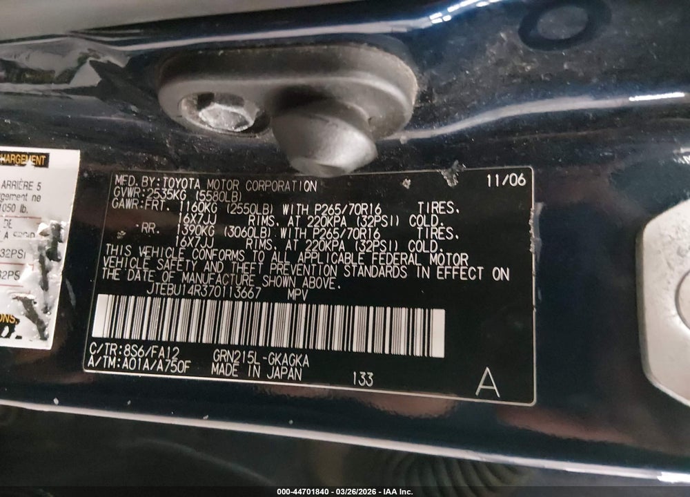 2007 TOYOTA 4RUNNER SR5 V6 VIN: JTEBU14R370113667