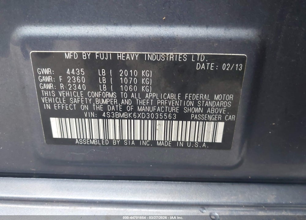2013 SUBARU LEGACY 2.5I LIMITED VIN: 4S3BMBK6XD3035563