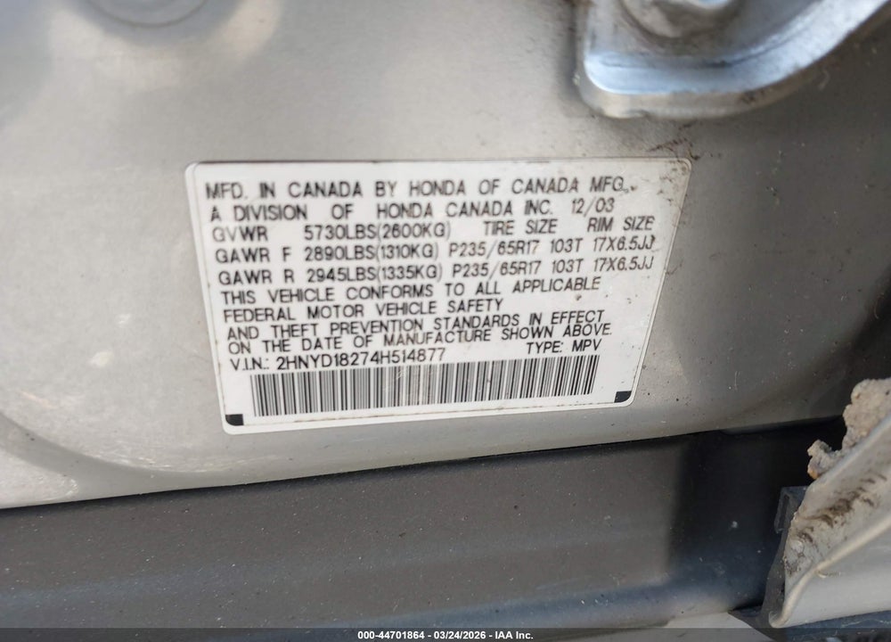 2004 ACURA MDX VIN: 2HNYD18274H514877