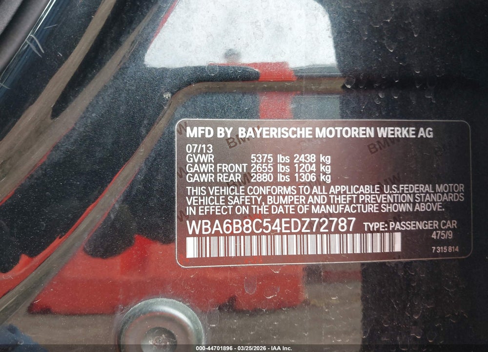 2014 BMW 640I GRAN COUPE XDRIVE VIN: WBA6B8C54EDZ72787