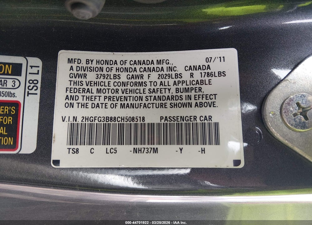 2012 HONDA CIVIC EX VIN: 2HGFG3B88CH508518