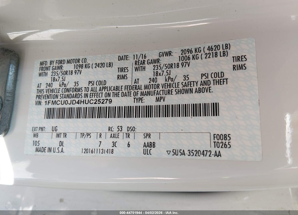 2017 FORD ESCAPE TITANIUM VIN: 1FMCU0JD4HUC25279