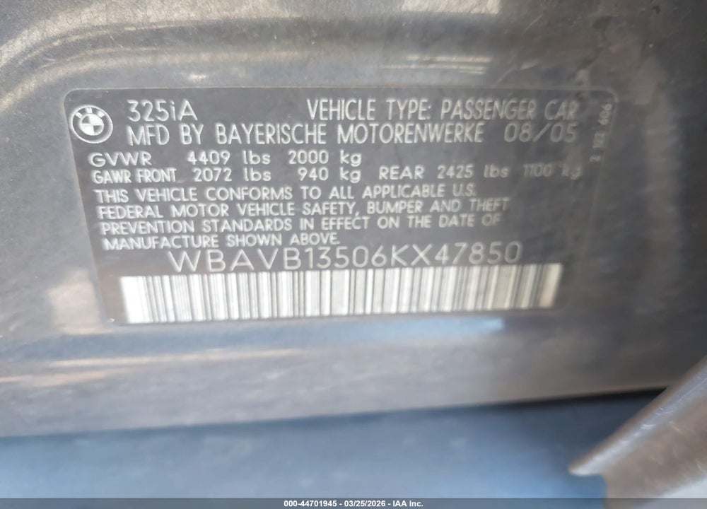 2006 BMW 325I VIN: WBAVB13506KX47850