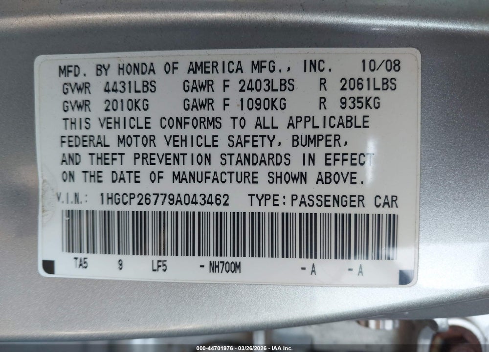 2009 HONDA ACCORD 2.4 EX VIN: 1HGCP26779A043462