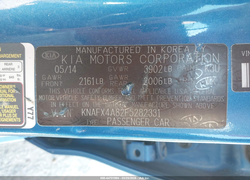 2015 KIA FORTE EX VIN: KNAFX4A82F5282331