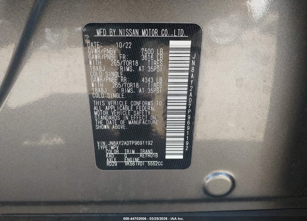 2023 NISSAN ARMADA SV 4WD VIN: JN8AY2AD7P9691192