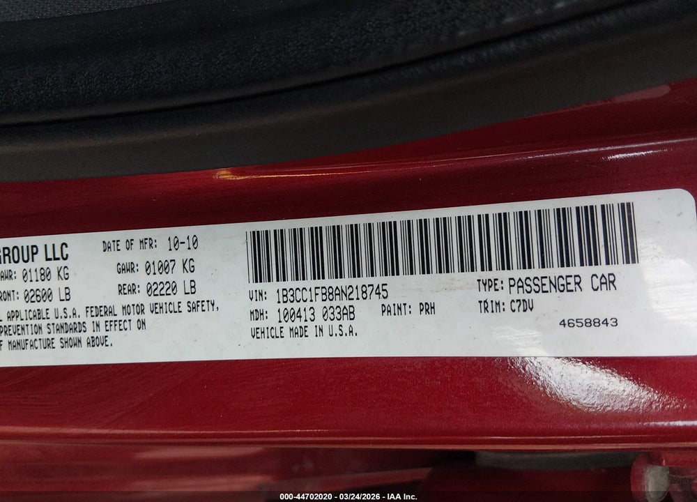 2010 DODGE AVENGER EXPRESS VIN: 1B3CC1FB8AN218745