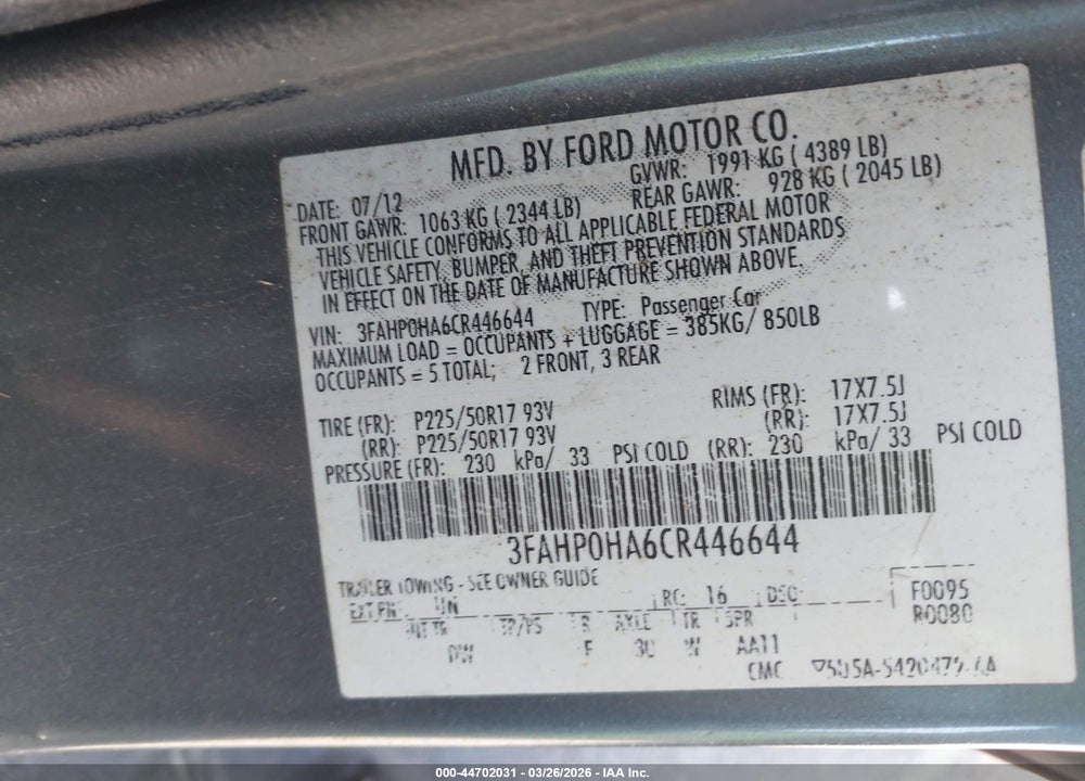 2012 FORD FUSION SE VIN: 3FAHP0HA6CR446644