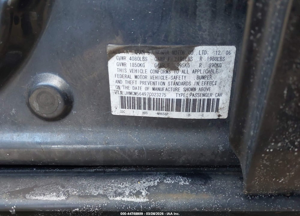 2007 HONDA ACCORD 2.4 LX VIN: JHMCM56497C023275