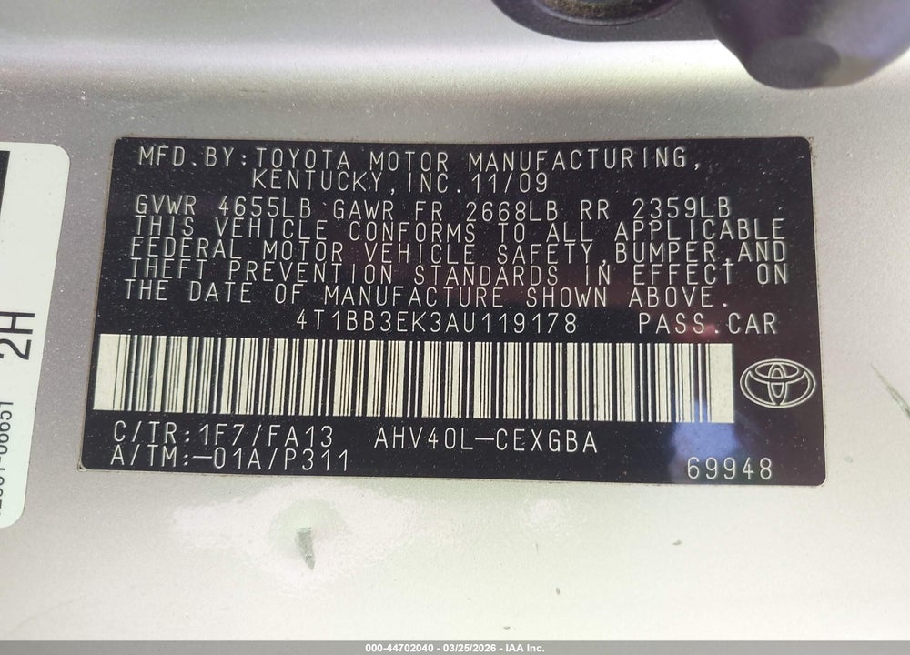 2010 TOYOTA CAMRY HYBRID VIN: 4T1BB3EK3AU119178