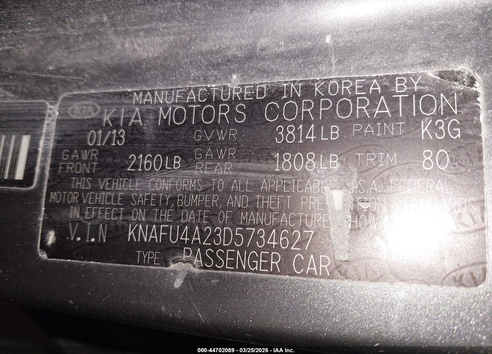 2013 KIA FORTE EX VIN: KNAFU4A23D5734627