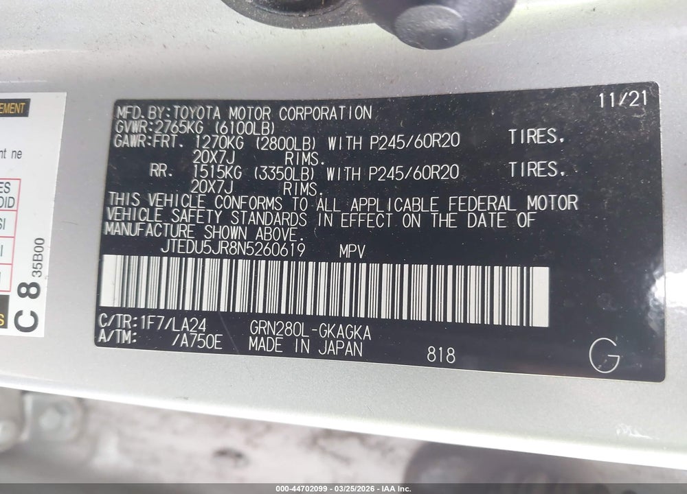 2022 TOYOTA 4RUNNER LIMITED VIN: JTEDU5JR8N5260619