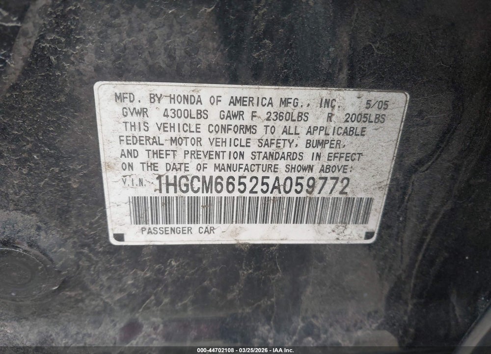 2005 HONDA ACCORD 3.0 EX VIN: 1HGCM66525A059772