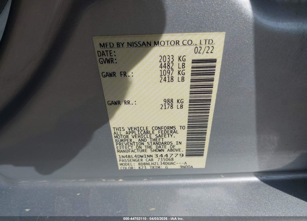 2022 NISSAN ALTIMA SV INTELLIGENT AWD VIN: 1N4BL4DW1NN344779