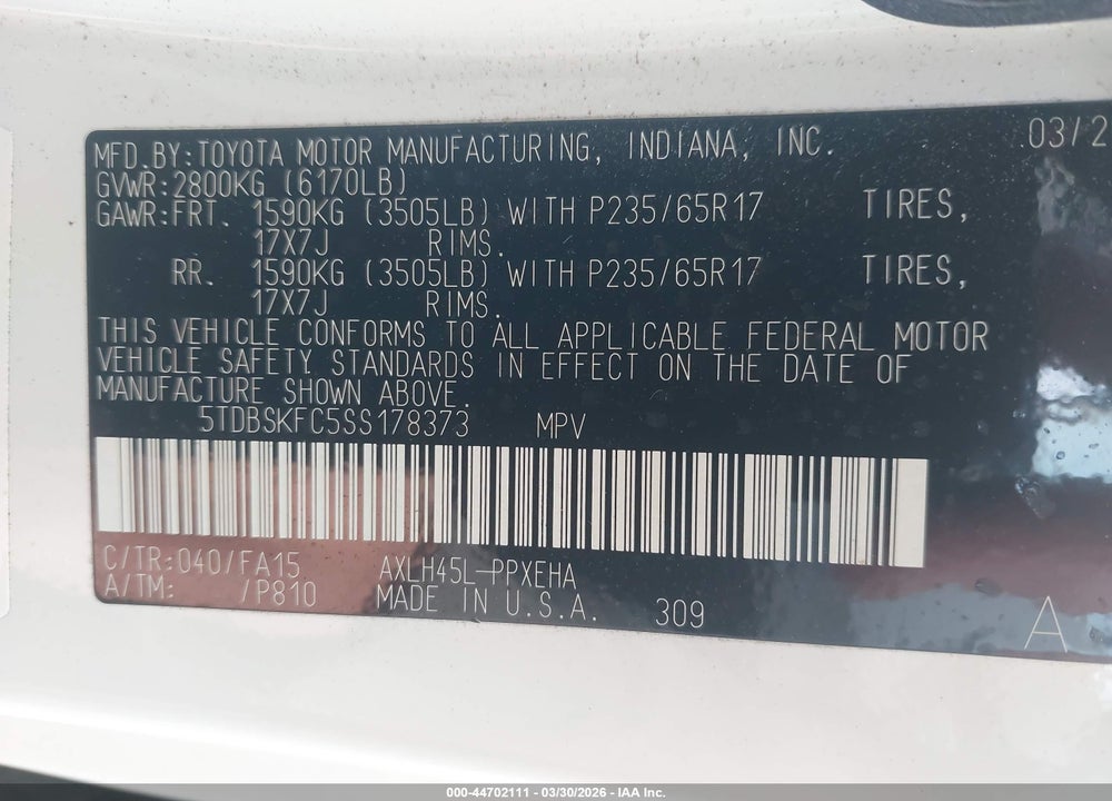 2025 TOYOTA SIENNA LE VIN: 5TDBSKFC5SS178373