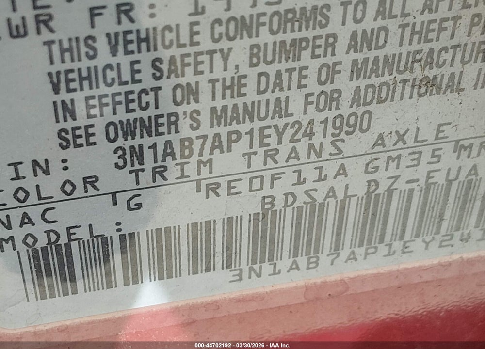 2014 NISSAN SENTRA SV VIN: 3N1AB7AP1EY241990