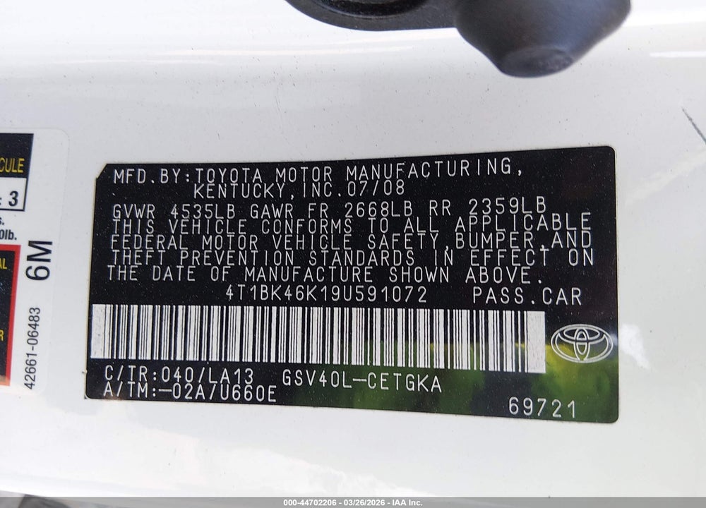 2009 TOYOTA CAMRY XLE V6 VIN: 4T1BK46K19U591072