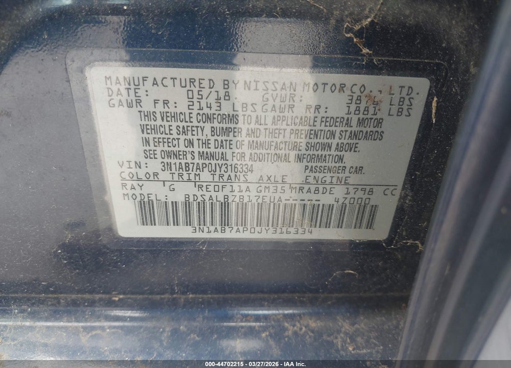 2018 NISSAN SENTRA S VIN: 3N1AB7AP0JY316334