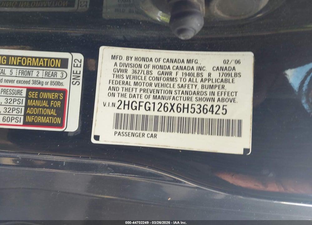 2006 HONDA CIVIC LX VIN: 2HGFG126X6H536425
