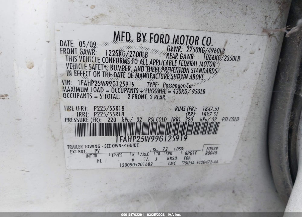2009 FORD TAURUS LIMITED VIN: 1FAHP25W99G125919
