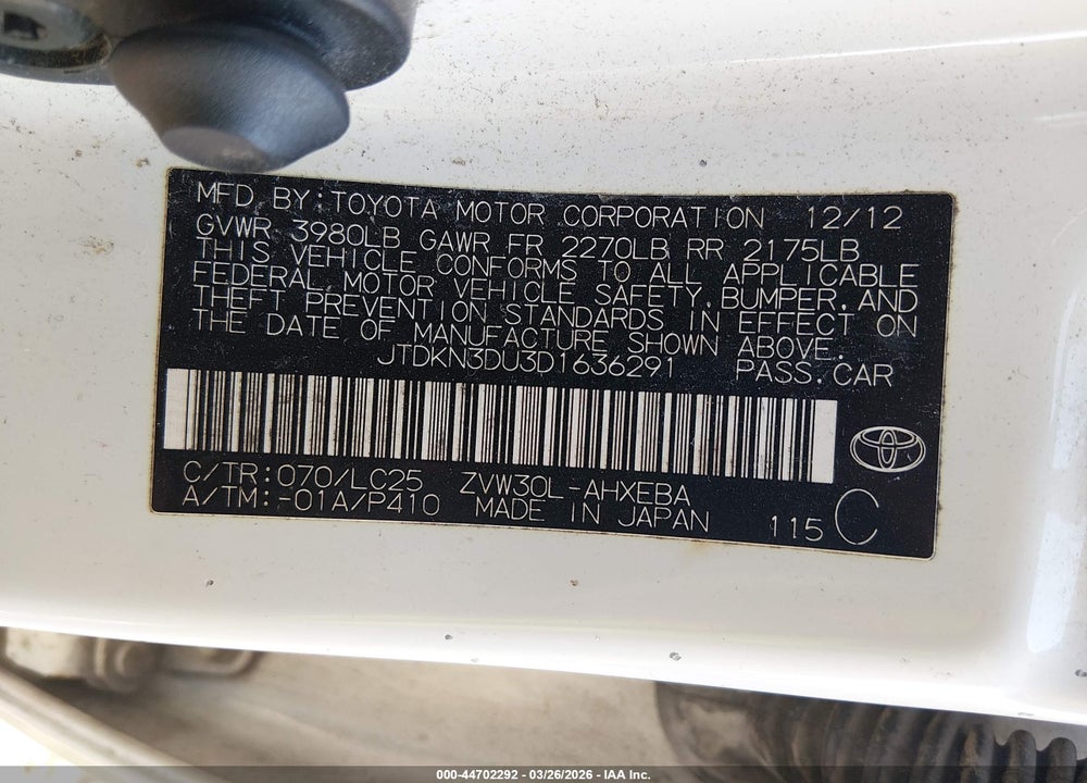 2013 TOYOTA PRIUS THREE SE VIN: JTDKN3DU3D1636291