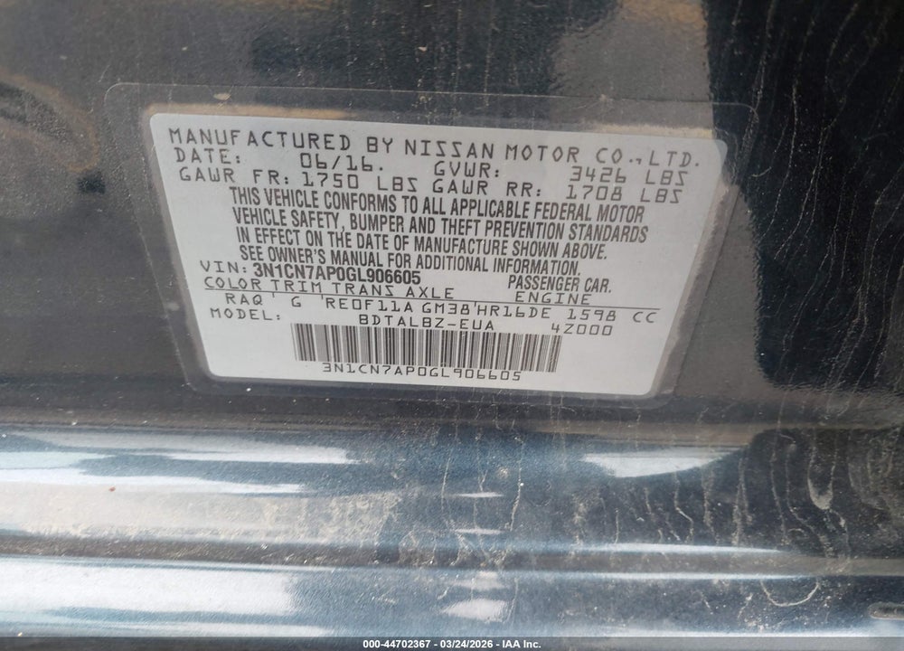 2016 NISSAN VERSA 1.6 SV VIN: 3N1CN7AP0GL906605