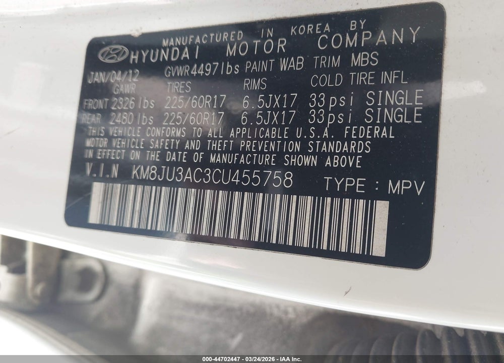 2012 HYUNDAI TUCSON GLS VIN: KM8JU3AC3CU455758